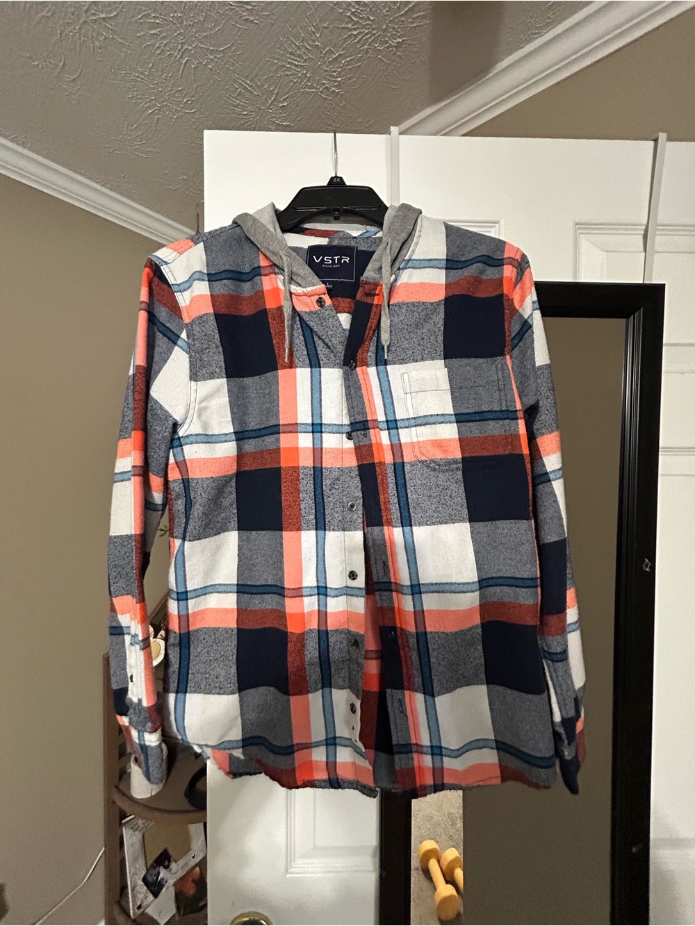 Boys' Navy & Orange Plaid Hooded Shirt
